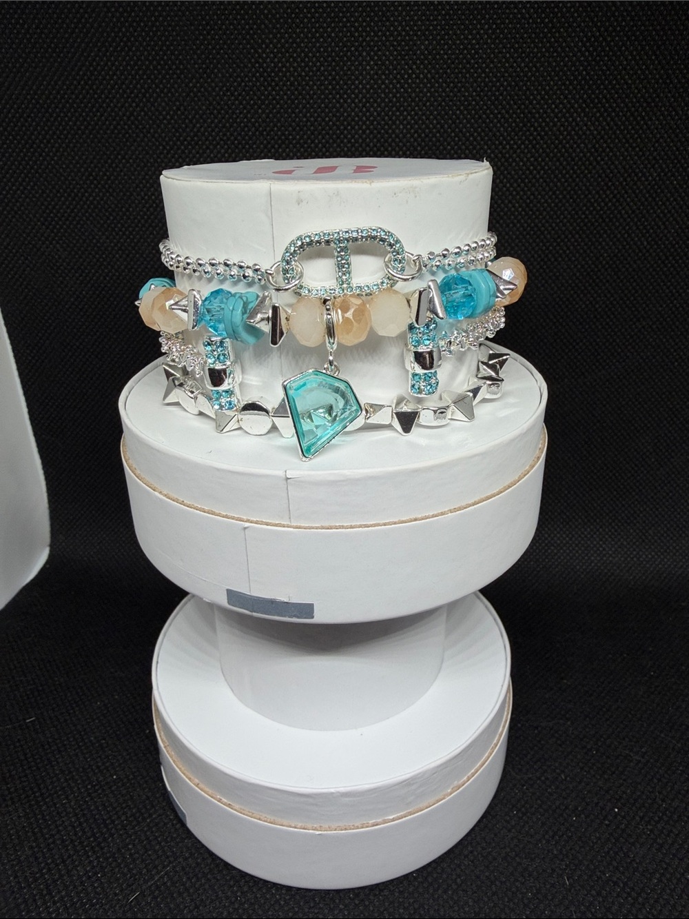 Fall Stack: Silver Bracelet Set with Aqua and Peach Accents